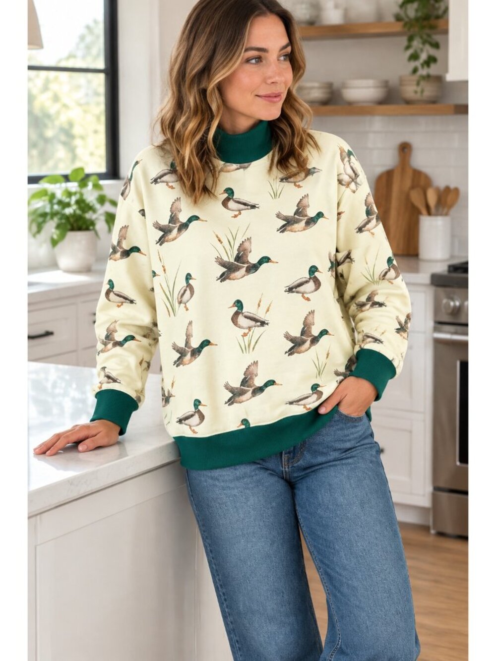 Mallard Duck Southern Contrasting Mock Neck County Western Pullover Sweatshirt - Picture 5 of 8